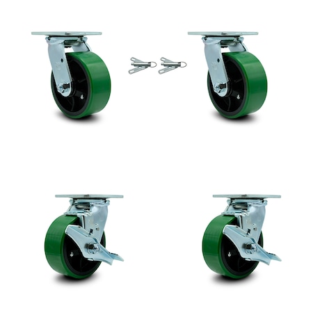 Service Caster 5 Inch Green Poly on Steel Caster Set with Ball Bearings 2 Swivel Lock 2 Brake SCC-30CS520-PUB-GB-BSL-2-TLB-2